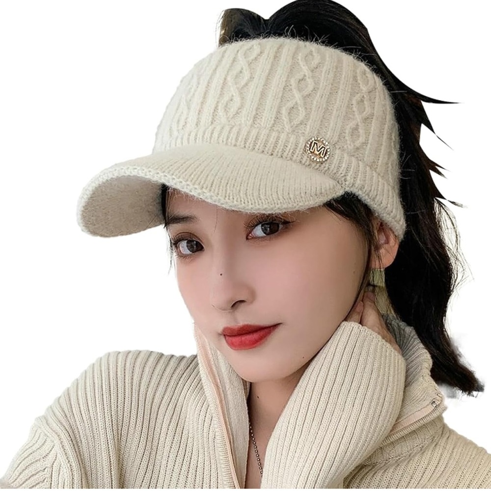 Cream Cable Knit Hat with Visor